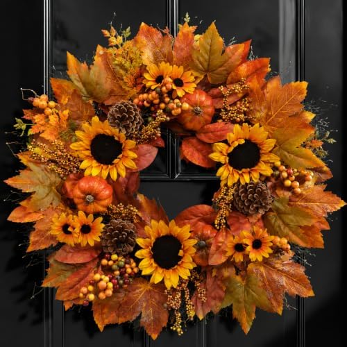 24 Inch Fall Wreath for Front Door with Artificial Sunflower in Sunflower