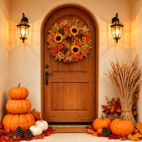 24 Inch Fall Wreath for Front Door with Artificial Sunflower in Sunflower, alternate view 3