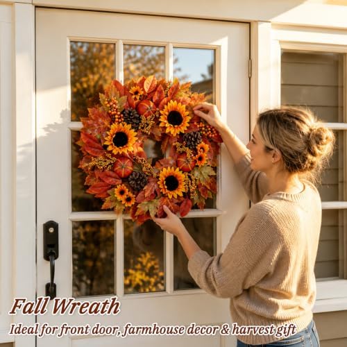 24 Inch Fall Wreath for Front Door with Artificial Sunflower in Sunflower, alternate view 4