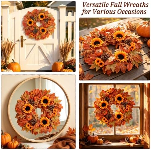 24 Inch Fall Wreath for Front Door with Artificial Sunflower in Sunflower, alternate view 5