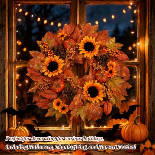 24 Inch Fall Wreath for Front Door with Artificial Sunflower in Sunflower, alternate view 6