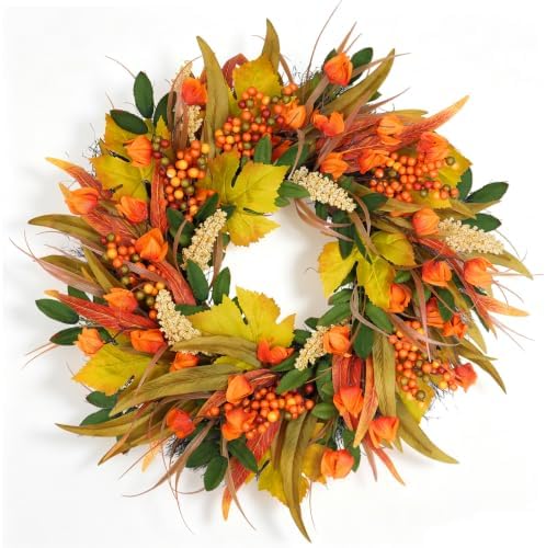 24 Inch Fall Wreath for Front Door with Flowers in Fall