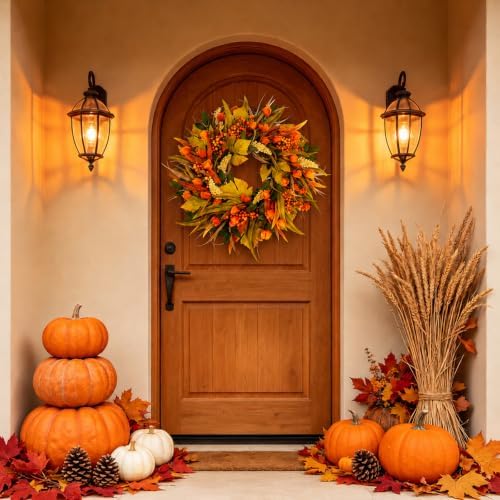 24 Inch Fall Wreath for Front Door with Flowers in Fall, alternate view 3