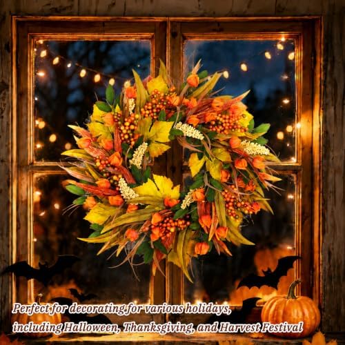 24 Inch Fall Wreath for Front Door with Flowers in Fall, alternate view 6