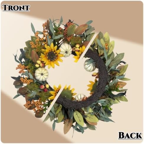 24 Inch Fall Wreath for Front Door - with Sunflowers & Pumpkins, alternate view 6