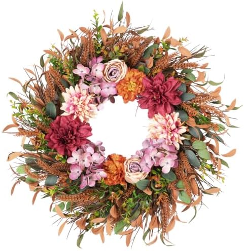 24 Inch Fall Wreath Pink Hydrangea Red Dahlia Wheat for Thanksgiving Door