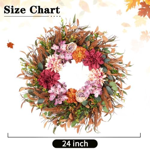 24 Inch Fall Wreath Pink Hydrangea Red Dahlia Wheat for Thanksgiving Door, alternate view 2