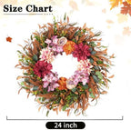 24 Inch Fall Wreath Pink Hydrangea Red Dahlia Wheat for Thanksgiving Door, alternate view 2