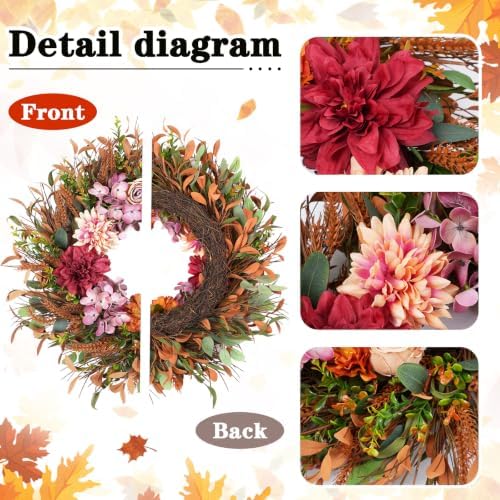 24 Inch Fall Wreath Pink Hydrangea Red Dahlia Wheat for Thanksgiving Door, alternate view 3