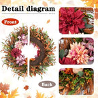 24 Inch Fall Wreath Pink Hydrangea Red Dahlia Wheat for Thanksgiving Door, alternate view 3