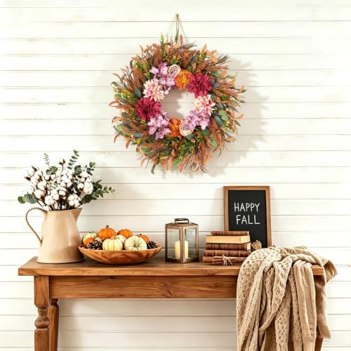 24 Inch Fall Wreath Pink Hydrangea Red Dahlia Wheat for Thanksgiving Door, alternate view 4