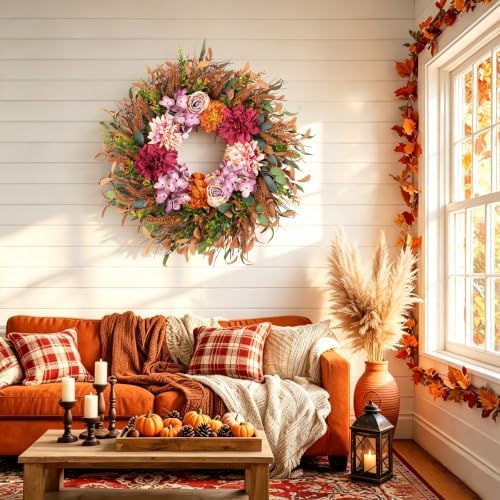 24 Inch Fall Wreath Pink Hydrangea Red Dahlia Wheat for Thanksgiving Door, alternate view 5