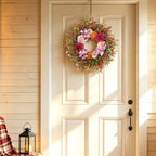 24 Inch Fall Wreath Pink Hydrangea Red Dahlia Wheat for Thanksgiving Door, alternate view 6