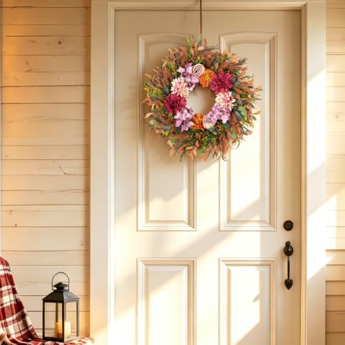24 Inch Fall Wreath Pink Hydrangea Red Dahlia Wheat for Thanksgiving Door, alternate view 6