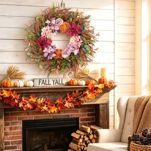 24 Inch Fall Wreath Pink Hydrangea Red Dahlia Wheat for Thanksgiving Door, alternate view 7