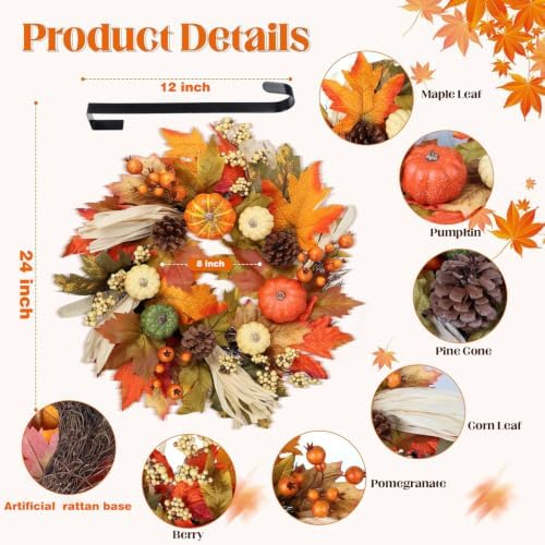24 Inch Fall Wreaths for Front Door, Autumn Pumpkin Maple Wreath with Hanger, alternate view 2