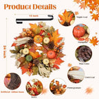 24 Inch Fall Wreaths for Front Door, Autumn Pumpkin Maple Wreath with Hanger, alternate view 2