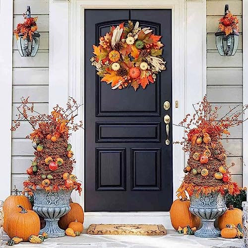 24 Inch Fall Wreaths for Front Door, Autumn Pumpkin Maple Wreath with Hanger, alternate view 3