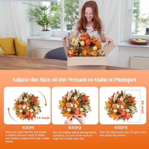 24 Inch Fall Wreaths for Front Door, Autumn Pumpkin Maple Wreath with Hanger, alternate view 4