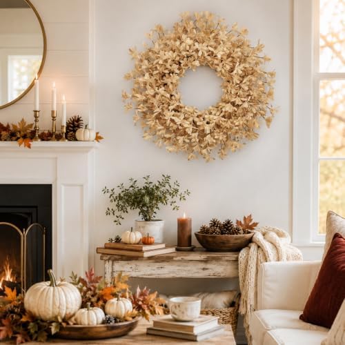 24 Inch Fall Wreaths for Front Door, Beige Forsythia Autumn Wreath, alternate view 2