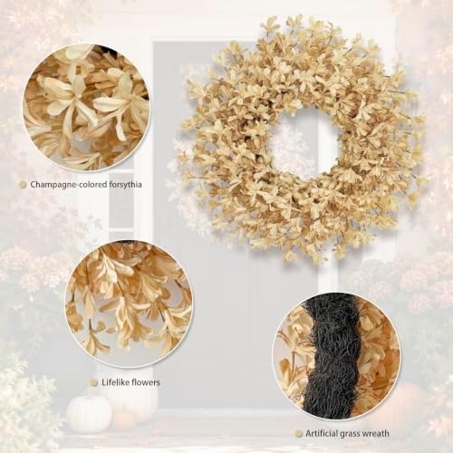24 Inch Fall Wreaths for Front Door, Beige Forsythia Autumn Wreath, alternate view 3