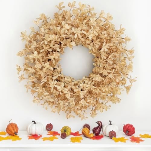 24 Inch Fall Wreaths for Front Door, Beige Forsythia Autumn Wreath, alternate view 6