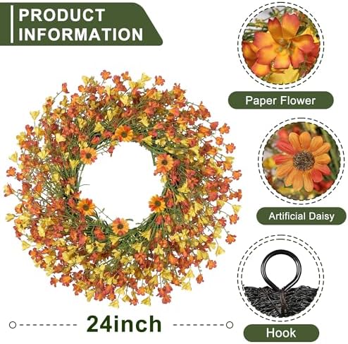 24 Inch Fall Wreaths for Front Door, Daisy Wreath with Wild Floral for Farmhouse Porch Wall Living Room Home, alternate view
