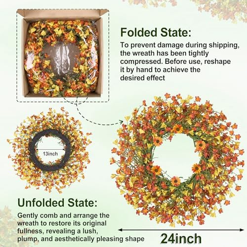 24 Inch Fall Wreaths for Front Door, Daisy Wreath with Wild Floral for Farmhouse Porch Wall Living Room Home, alternate view