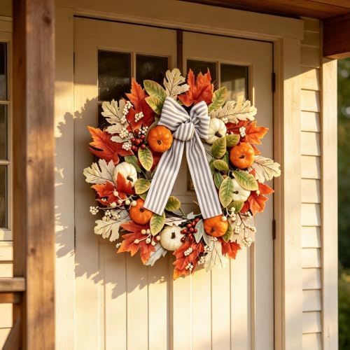 24 Inch Fall Wreaths for Front Door, Home Decor Farmhouse Off White in Off White, alternate view 4