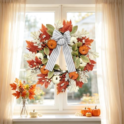 24 Inch Fall Wreaths for Front Door, Home Decor Farmhouse Off White in Off White, alternate view 6