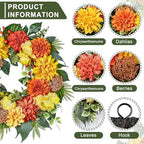 24-Inch Fall Wreaths for Front Door with Hydrangeas Dahlias Daisy Silk Flowers and Berry Greenery for All, alternate view 2