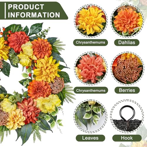 24-Inch Fall Wreaths for Front Door with Hydrangeas Dahlias Daisy Silk Flowers and Berry Greenery for All, alternate view 2