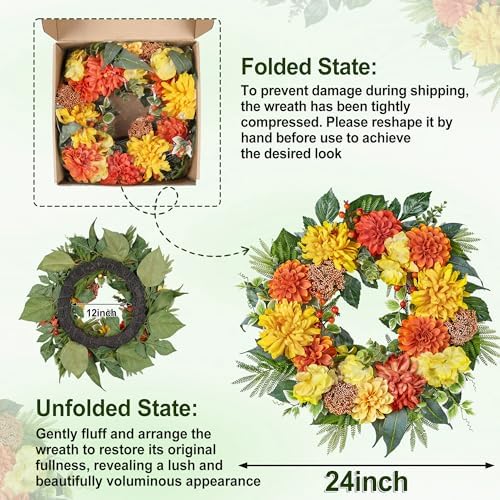 24-Inch Fall Wreaths for Front Door with Hydrangeas Dahlias Daisy Silk Flowers and Berry Greenery for All, alternate view 5