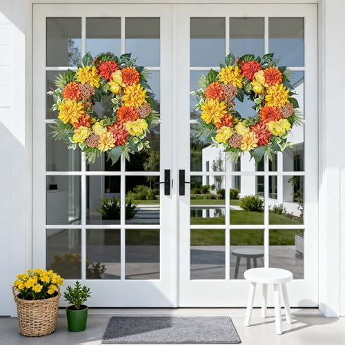 24-Inch Fall Wreaths for Front Door with Hydrangeas Dahlias Daisy Silk Flowers and Berry Greenery for All, alternate view 6