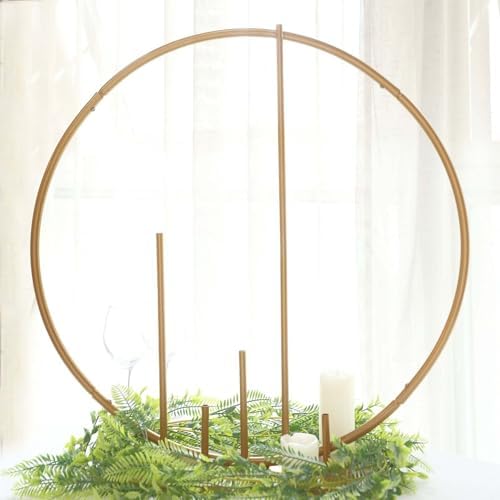 24 inch Gold Metal Round Floral Hoop Centerpiece with Pillars, Elevated Self Standing Table Arch Frame for