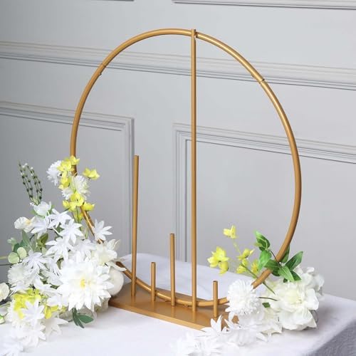 24 inch Gold Metal Round Floral Hoop Centerpiece with Pillars, Elevated Self Standing Table Arch Frame for, alternate view 6