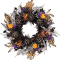 24 Inch Halloween Wreath for Front Door, Gothic Spooky Wreath with Woven Black Pumpkins, Glitter Orange & Purple