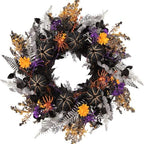 24 Inch Halloween Wreath for Front Door, Gothic Spooky Wreath with Woven Black Pumpkins, Glitter Orange & Purple