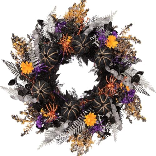 24 Inch Halloween Wreath for Front Door, Gothic Spooky Wreath with Woven Black Pumpkins, Glitter Orange & Purple