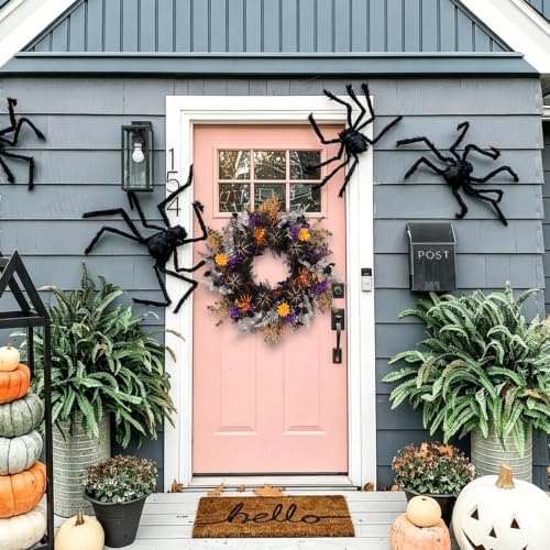 24 Inch Halloween Wreath for Front Door, Gothic Spooky Wreath with Woven Black Pumpkins, Glitter Orange & Purple, alternate