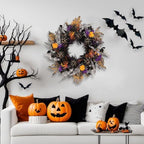 24 Inch Halloween Wreath for Front Door, Gothic Spooky Wreath with Woven Black Pumpkins, Glitter Orange & Purple, alternate