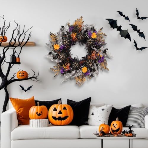 24 Inch Halloween Wreath for Front Door, Gothic Spooky Wreath with Woven Black Pumpkins, Glitter Orange & Purple, alternate