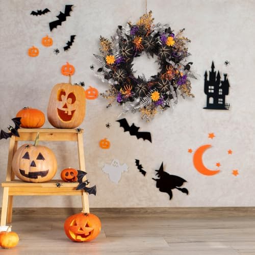 24 Inch Halloween Wreath for Front Door, Gothic Spooky Wreath with Woven Black Pumpkins, Glitter Orange & Purple, alternate