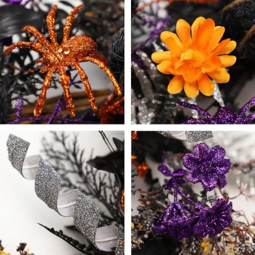 24 Inch Halloween Wreath for Front Door, Gothic Spooky Wreath with Woven Black Pumpkins, Glitter Orange & Purple, alternate