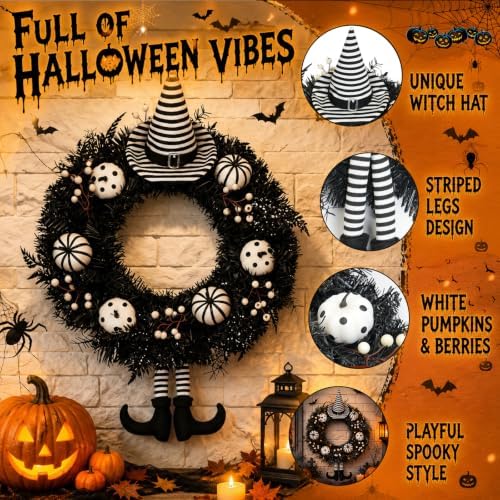 24 Inch Halloween Wreath for Front Door with Striped Hat, Legs in Hat-legs, alternate view 2