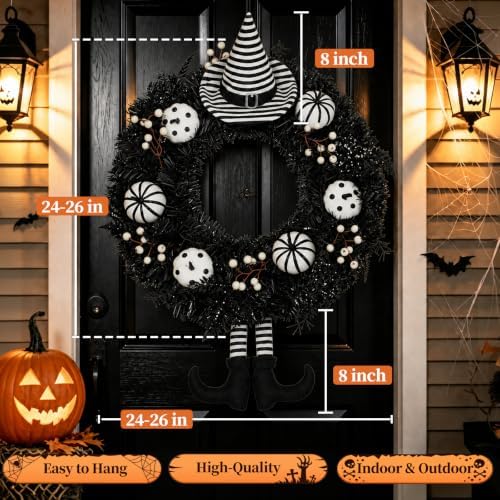 24 Inch Halloween Wreath for Front Door with Striped Hat, Legs in Hat-legs, alternate view 3