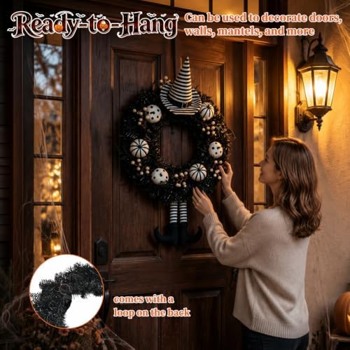 24 Inch Halloween Wreath for Front Door with Striped Hat, Legs in Hat-legs, alternate view 5