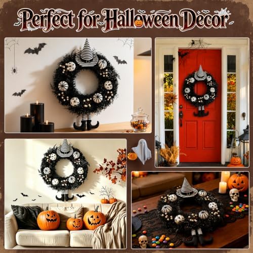 24 Inch Halloween Wreath for Front Door with Striped Hat, Legs in Hat-legs, alternate view 6