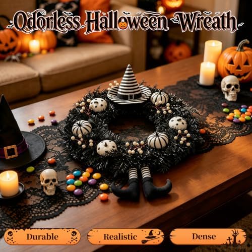 24 Inch Halloween Wreath for Front Door with Striped Hat, Legs in Hat-legs, alternate view 7