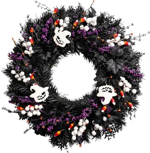 24 Inch Halloween Wreaths for Front Door, Halloween Door Wreath with White Wood Ghosts & Candy Corn, Black